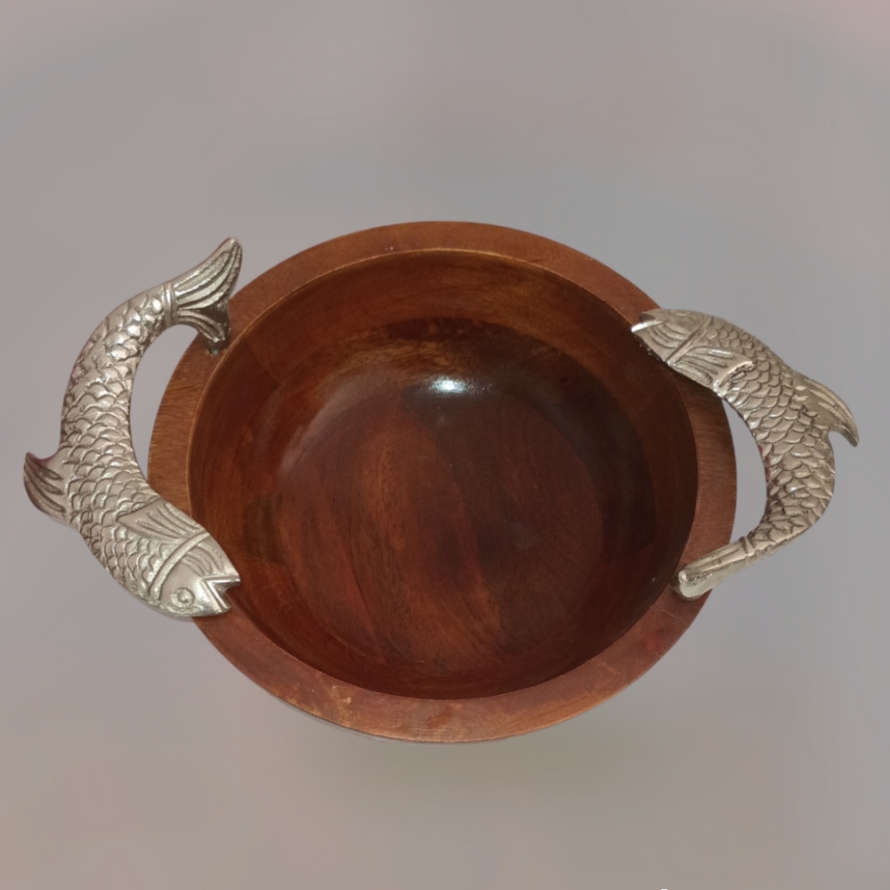 Large wooden serving bowl with pewter fish accent handles